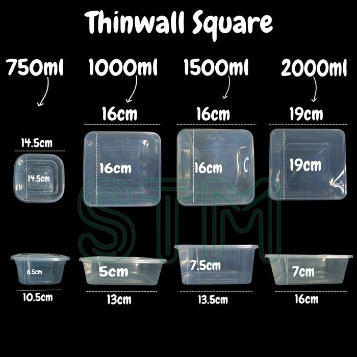 JT Thinwall Square Ukuran 750ml,1000ml,1500ml&2000ml Wadah Makanan Salad Buah Dll Tebal, Kuat ,Tidak