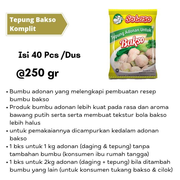 

Barang Terlaris Tepung Bakso Lengkap Sobaso 250 gram 1 Dus (40 Pcs) Ready