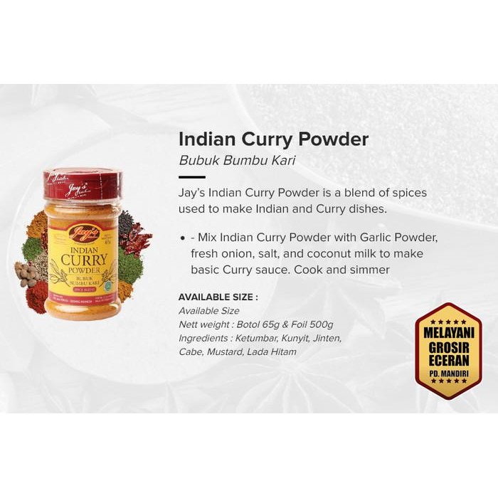 

(Allthebest) JAY'S KITCHEN BUBUK BUMBU KARI 65 GR / INDIAN CURRY POWDER / NON MSG
