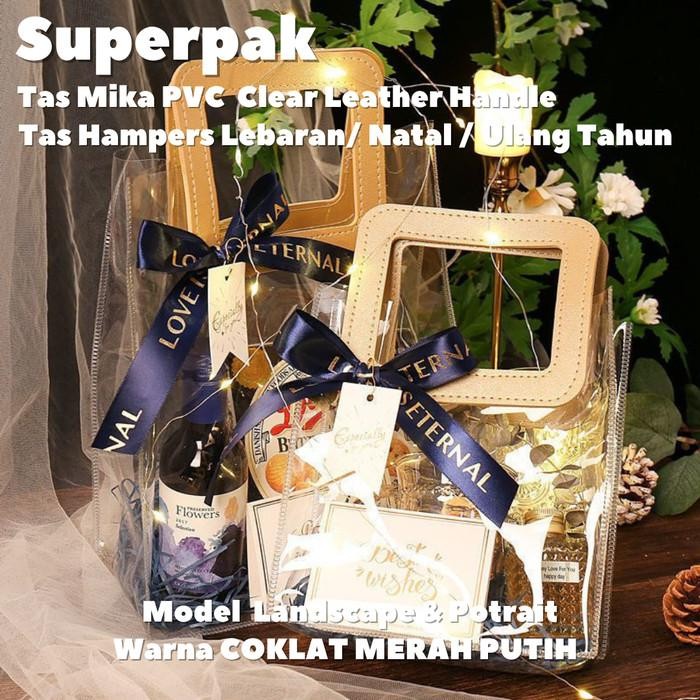

(10pcs) 18x10x20 Tas Mika PVC Bening Transparan Gagang Kulit / Tas Souvenir Goodie Bag Ulang Tahun