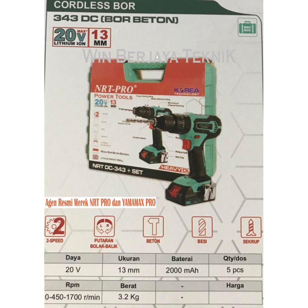 Grosir Nrt-Pro 343 Dc Mesin Bor Tangan Cordless Drill Baterai 13Mm