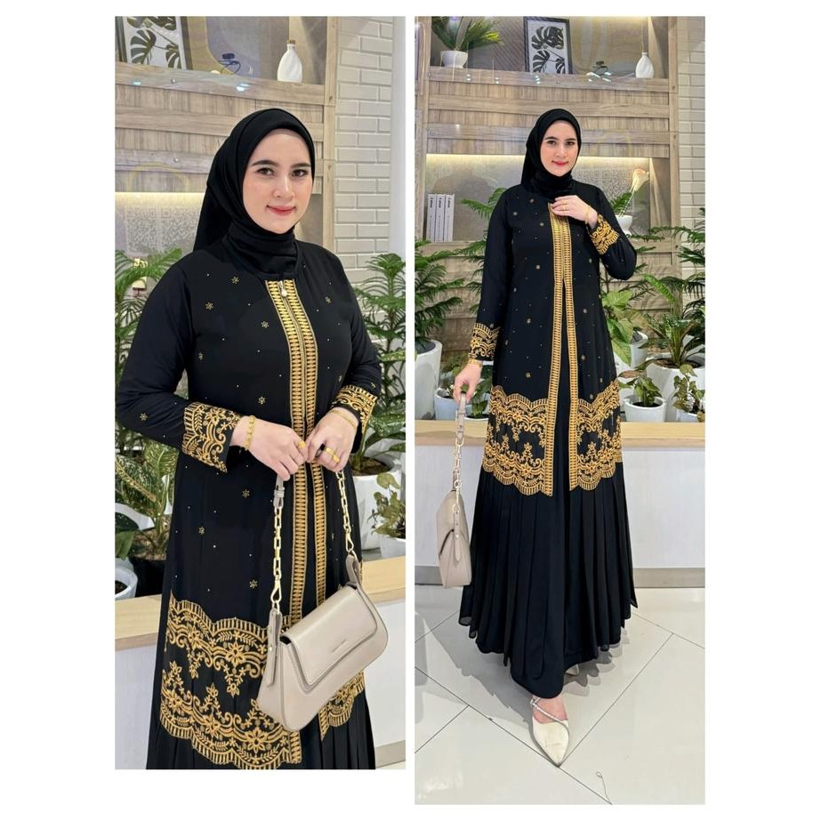 Abaya Premium Mewah Gamis Abaya Arab Dubay Hitam Full Blcak Terbaru 12