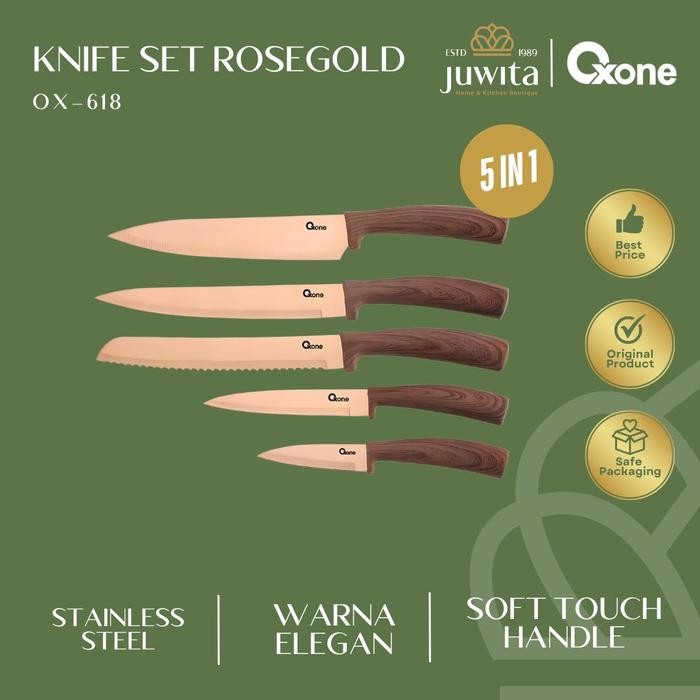 Oxone Ox618 Knife Set Pisau Rosegold Wooden Handle 5 Pcs Stainless Steel