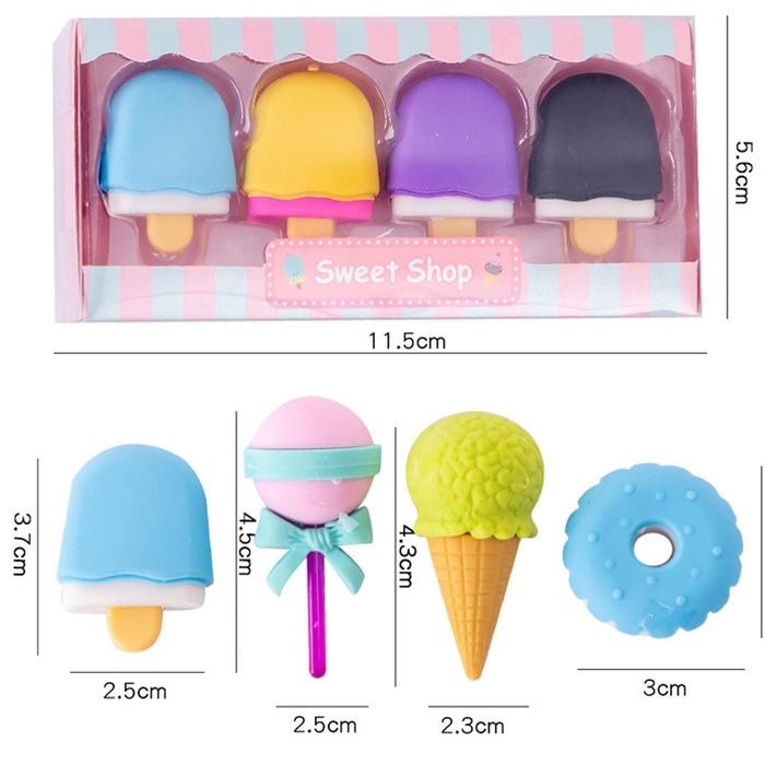 

New Penghapus Pensil Karakter Sweet Shop Cone Lolipop Ice Cream Donut Set 4 837