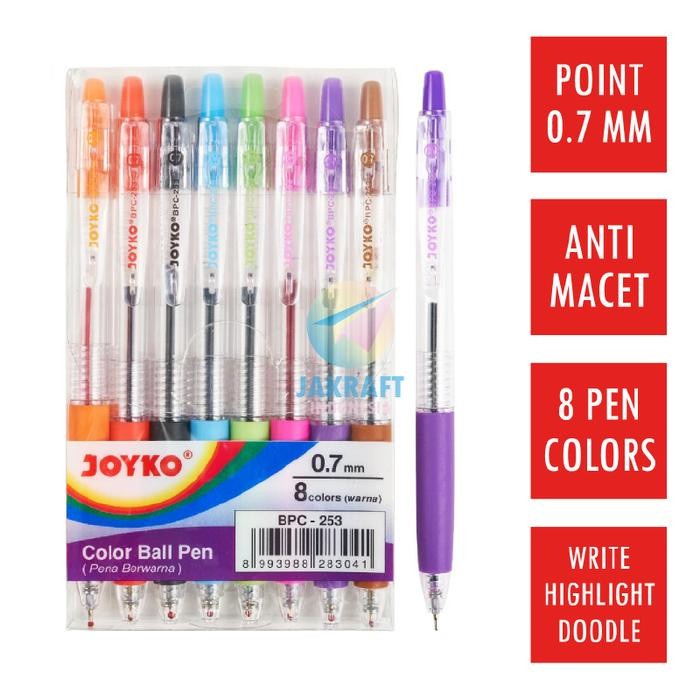 

New (8 Pcs) Pulpen Color Ballpoint Ball Pen Set 8 Warna Warni JOYKO BPC-253 (0.7 mm) Anti Macet