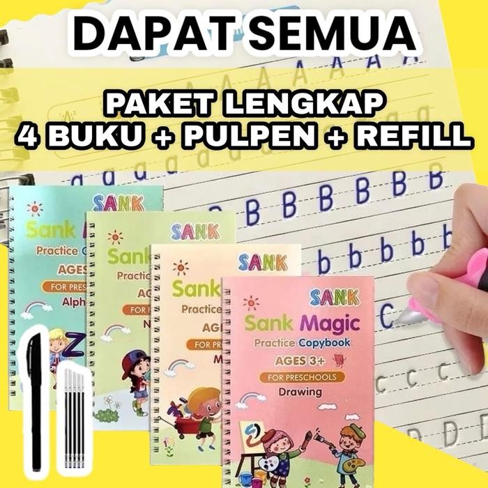 

New Sank Practice Copy Book - Buku belajar anak preschool set isi 4Pcs free Pen - Menggambar menulis