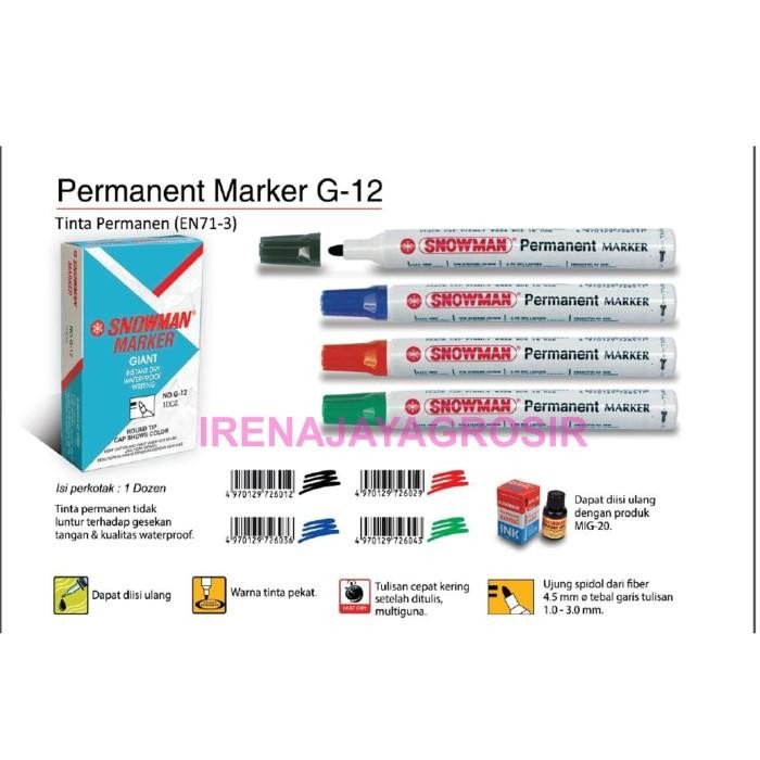 

New SNOWMAN SPIDOL PERMANENT G-12 / G 12 / G12 murah beragam warna