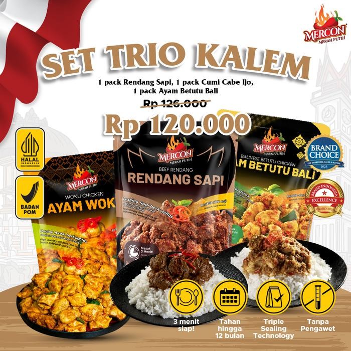 

Baru Mercon Merah Putih Set Trio Kalem Rendang Sapi + Ayam Woku + Ayam Betutu