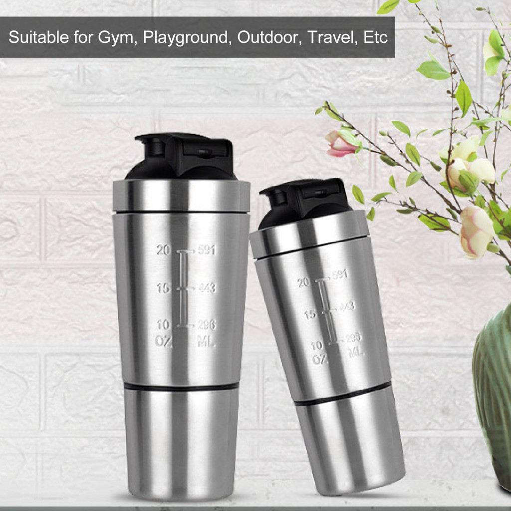 Protein Shaker Bottle With Scale Portable Stainless Steel Double Section Shaker Bottles For Gym