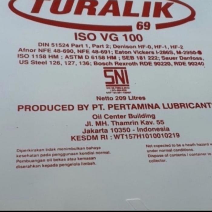 Oli Hidrolik Pertamina Turalik 69 Iso Vg 100 Pelumas 209Liter