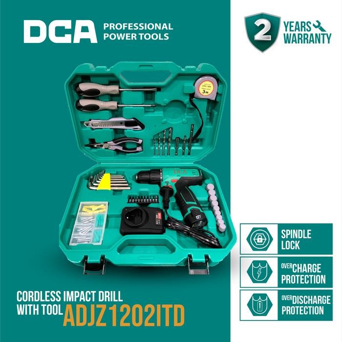 DCA Combo Set Cordless Hammer Drill + Tool Kit / Bor Impact Baterai + Perkakas Set 12Volt 10mm