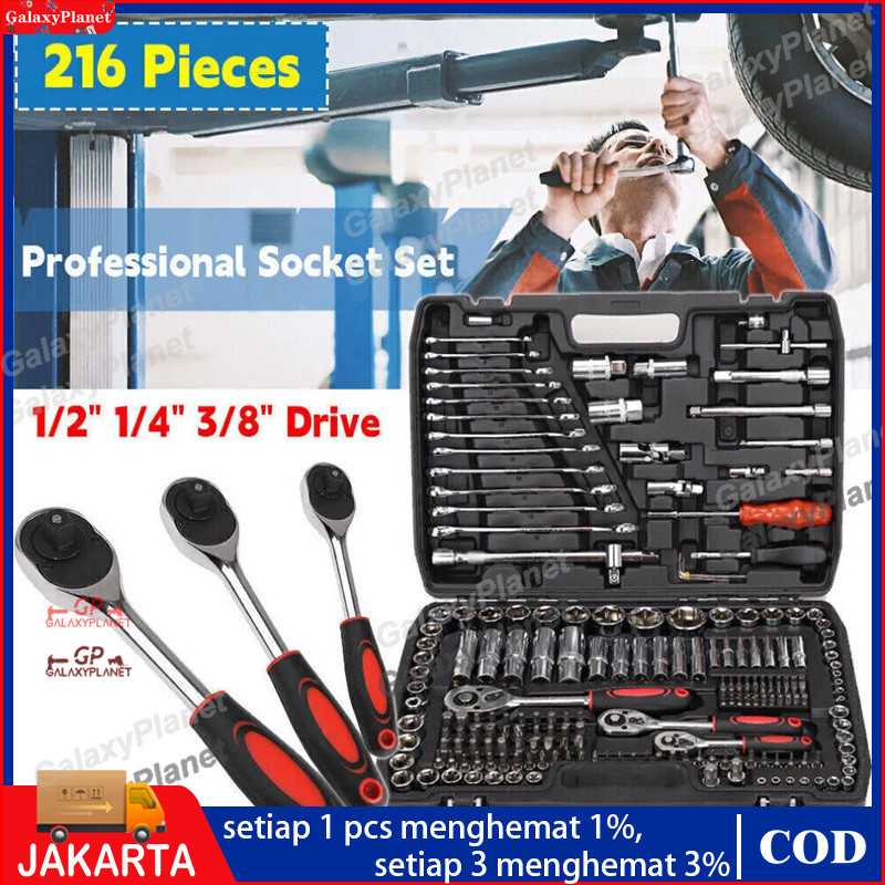 Set Kunci Sok Kunci Shock 216 pcs Mobil Motor Lengkap Socket Tool Kit set Pas Ring Motor Mobil Kunci