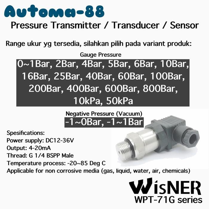 TERSEDIA PRESSURE TRANSMITTER 4-20MA 0-1/2/4/5/6/10 BAR G1/4 BSPP