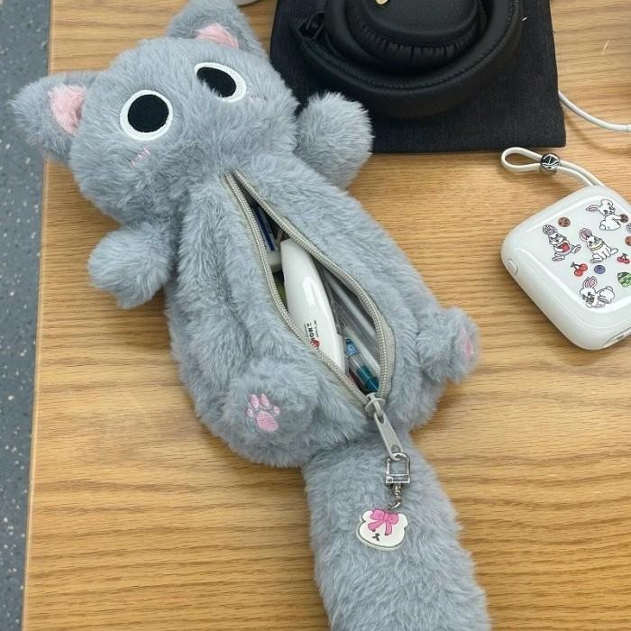 

Kotak Pensil Boneka Bulu Lucu GRAY CAT Edition Gwiyeo Pencil Case Stationery Bag Kawaii Doll