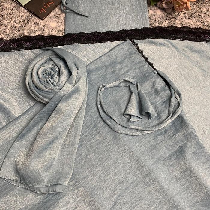 pita Mukena Silver Santorini Silk Renda Kecil Extra Jumbo 2in1