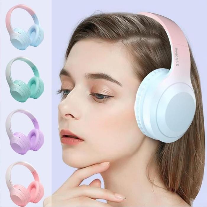 Wireless Headphone Bluetooth Gradient Color Headset Stereo HIFI Bass Pink Biru Earphones Ponsel