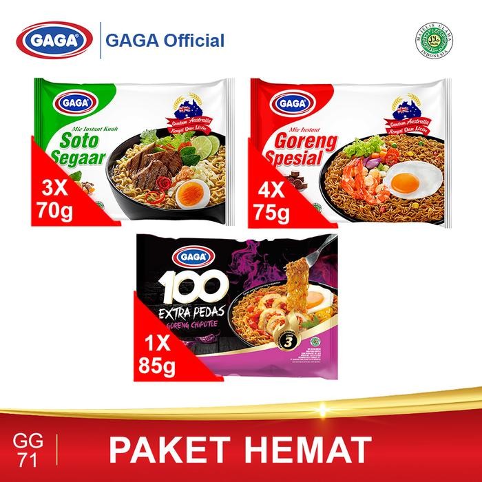 

Pilihan- Gaga Mie Goreng 4Pcs, Mie Soto Segaar 3Pcs, Gaga 100 Chipotle 1 Pcs Instan Noodles