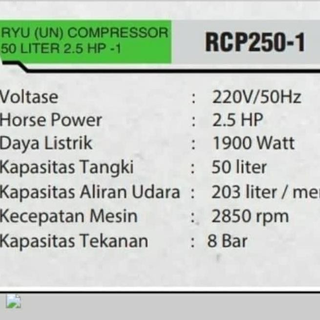 KOMPRESOR RYU 2.5 HP 50 LITER RCP 250-1 RYU / AIR COMPRESSOR 2.5HP RYU