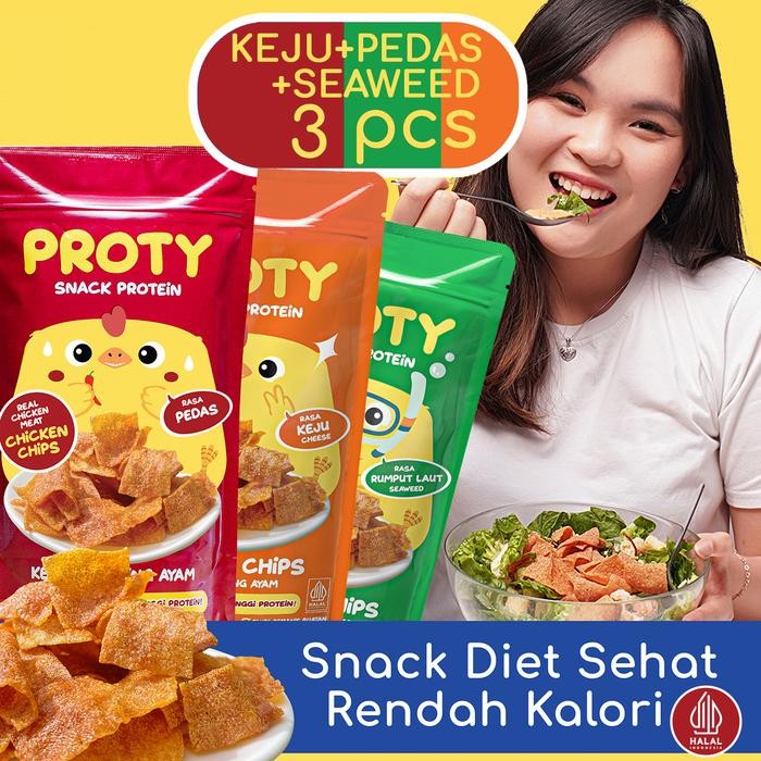 

Protein Snack Cemilan Diet Rendah Kalori Proty Pedas(1 Pcs)+Keju(1 Pcs)+Seaweed(1 Pcs) Keto Friendly
