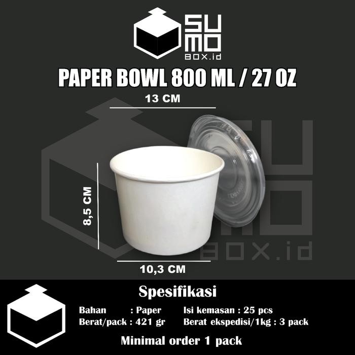 Paper Bowl 800Ml / Mangkuk Kertas Tebal / Cup Bowl + Tutup [Eceran]