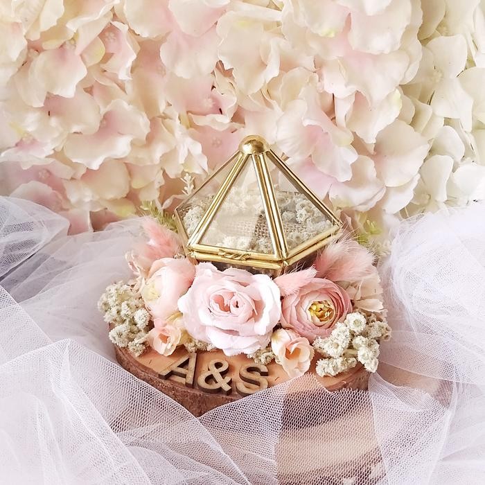 Pesta_Genz Wedding Ring Box Kotak Cincin Terarium Glass Kaca Gold Flower Tunangan