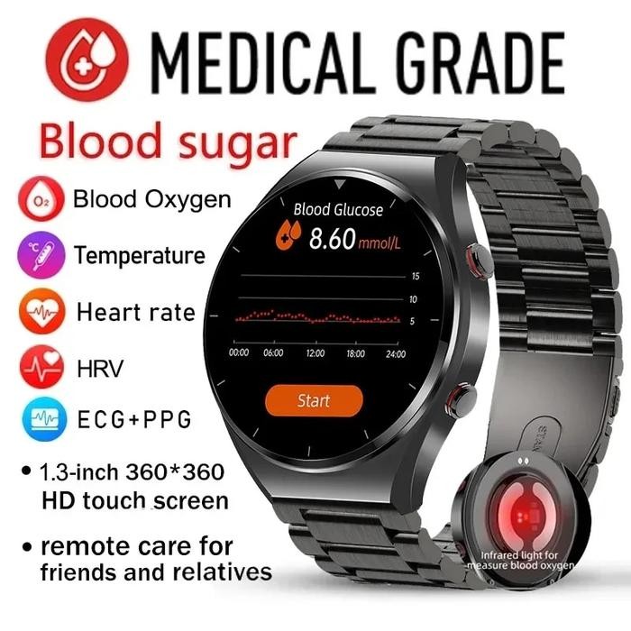 Accurate Measure Blood Sugar Smart Watch Men ECG PPG Bluetooth Watch
