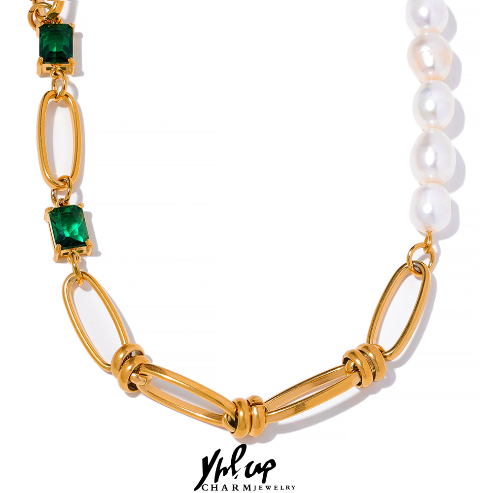 Yhpup Luxury Natural Pearls Green Zircon Link Chain Stainless Steel