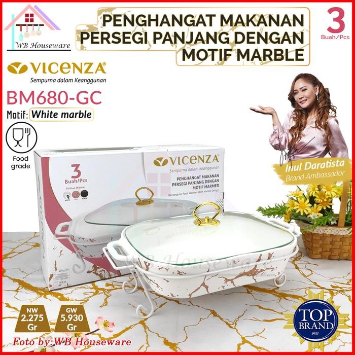 VICENZA Prasmanan casserole segi panjang motif white marble dengan tutup kaca /peralatan makan/ food