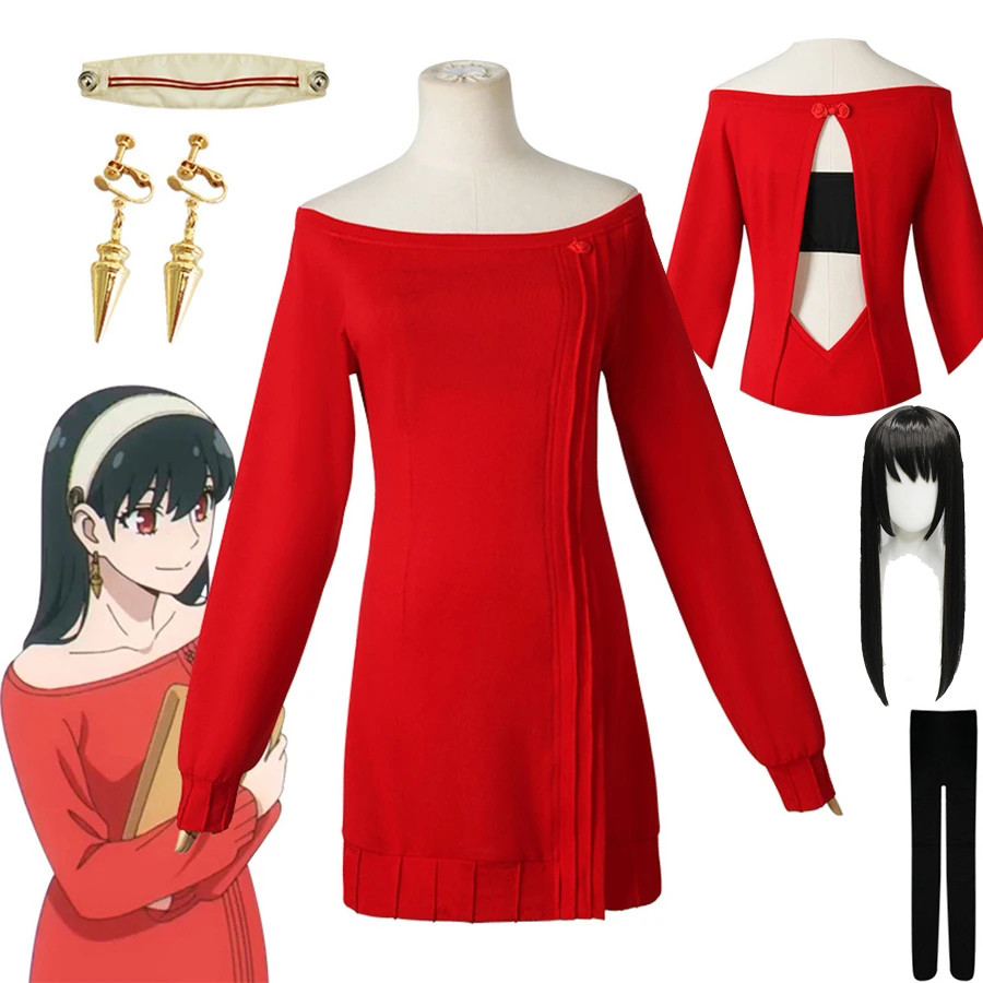 Japanese Anime Spy X Family Yor Forger Yor Briar Red Sweater Cosplay Costume Women Sexy Mini Dress