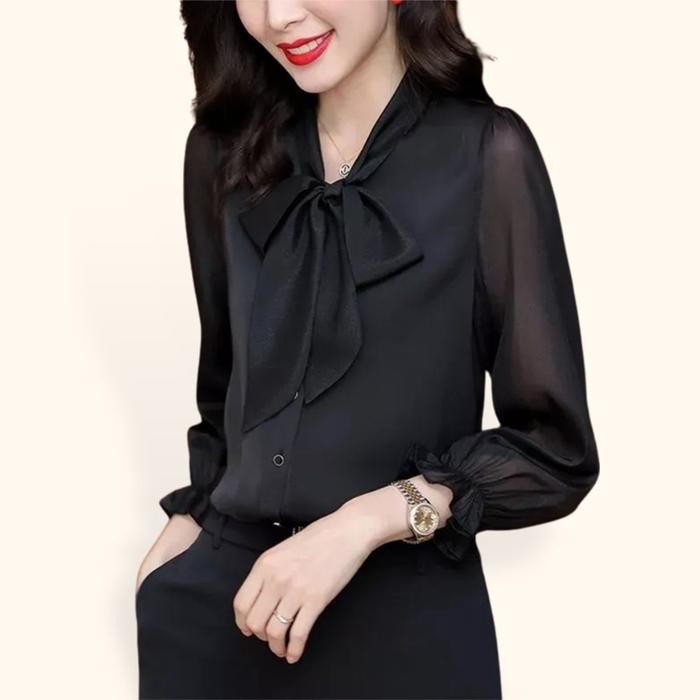 Kemeja Baju Atasan Wanita Chiffon Sifon Lengan Panjang Korean Variasi Tali Syal Pita Basic Polos