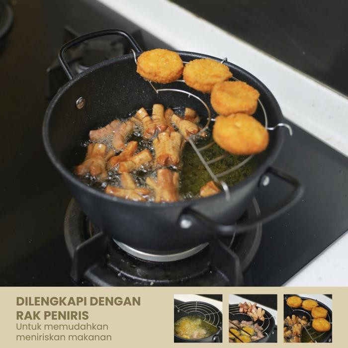 Wajan Penggorengan 24Cm Deep Fryer Free Rak Peniris Anti Lengket Kualitas Tinggi