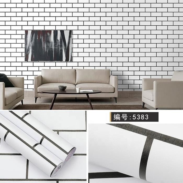 Wallpaper Dinding Motif Bata Putih Lis Hitam