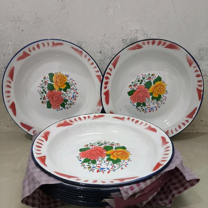 1 Lusin Piring Seng Enamel Motif Bunga Diameter 20 Cm / 22 Cm Piring Jadul Piring Makan Warna Sesuai
