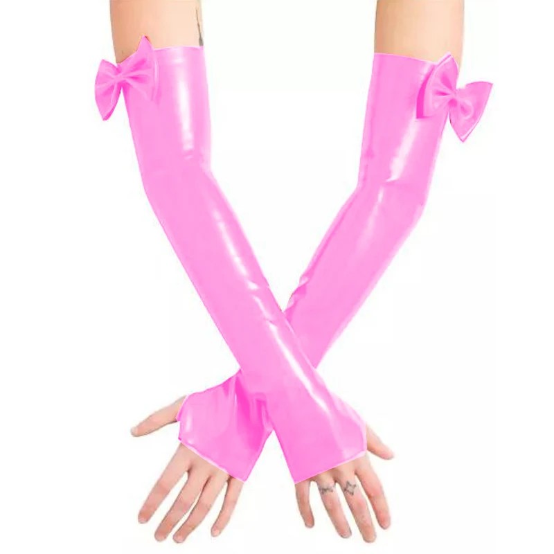 Sale Unisex Sexy Fingerless Gloves Wetlook PVC Leather Club Dancing Bowknot Long Hand Mittens Fetish