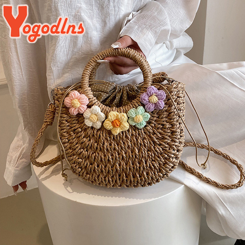Baru Yogodlns Straw Bags Women Summer Hand-Woven Rattan Bag Handmade Woven Purse Wicker Beach Bag