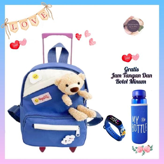 PASTI MURAH TAS RANSEL TROLI ANAK TK PAUD BERUANG KECIL FREE JAM & BOTOL MINUM
