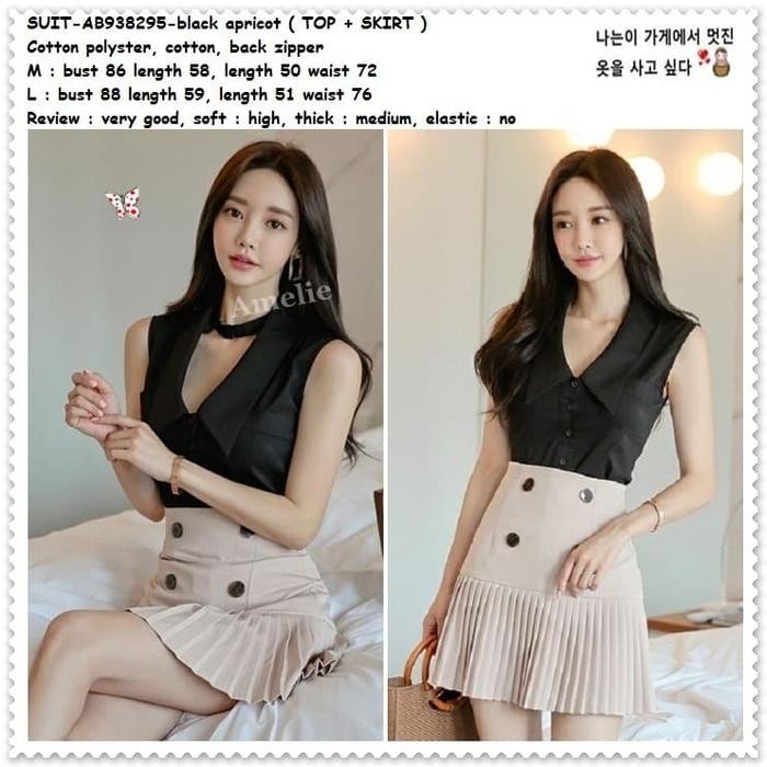 AB938295 Setelan Baju Atasan Blouse Rok Mini Plisket Wanita Korea