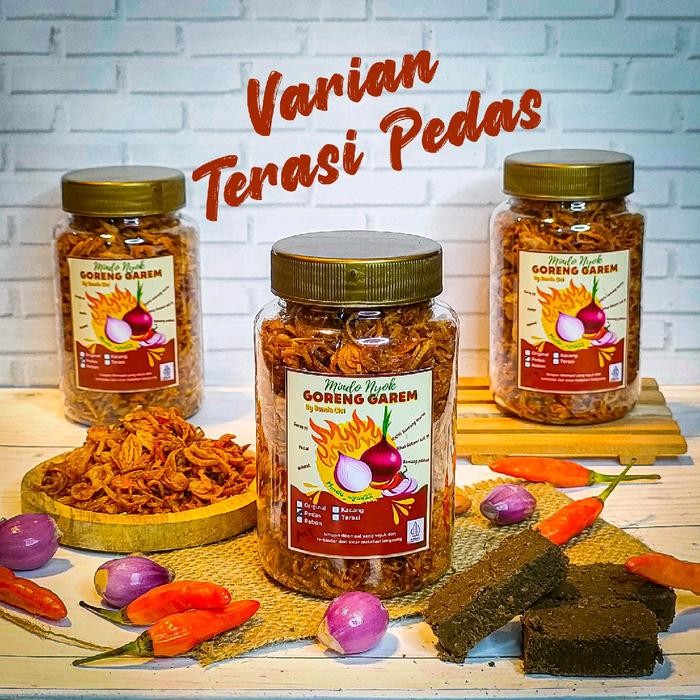 

Goreng garem Mindo nyok22 Varian Terasi Pedas (harga 1 Toples) Bawang Garam New