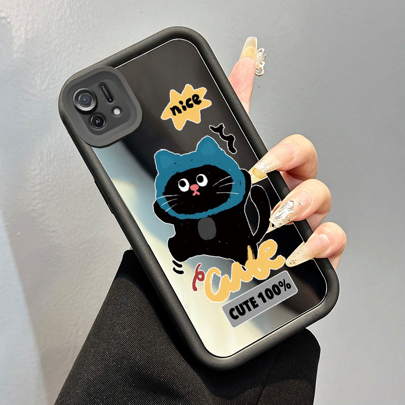 Casing Hp OPPO A16K OPPO A16E Case Casing Softcase dengan topi HP kucing hitam Kesing cermin pelindu