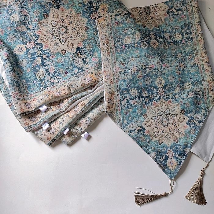 Sarung Bantal Kursi 1 set Lengkap isi 4 Sarung Bantal + 1 Taplak Meja Motif Maroko Biru Bahan Katun