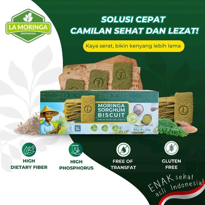 

Ready La Moringa Moringa Sorghum Biscuit 160 Gr/Biscuit Gluten Free,Tinggi Serat Tinggi,Vitamin D