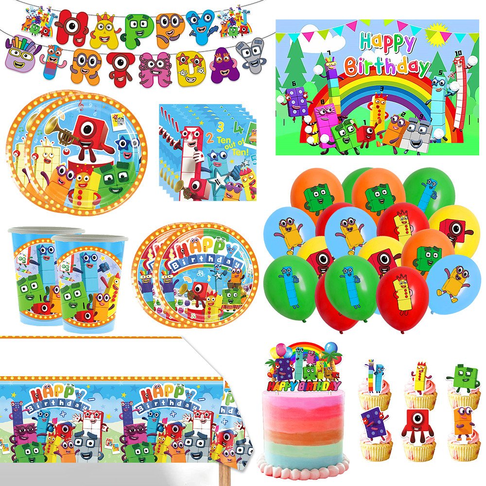 Number Building Blocks Birthday Party Decoration Disposable Dinnerware Balloon Cup Plate Tablecloth