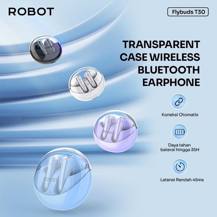 ROBOT TWS Headset Earphone Wireless Bluetooth Flybuds T30 With Transparent Case Original -