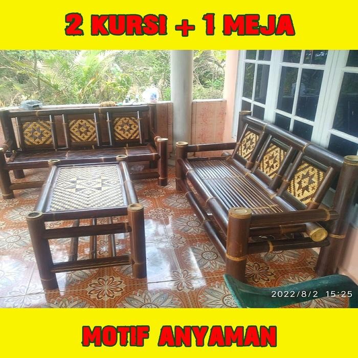 PREMIUM ( Nota )Kursi Bambu + Meja bambu Motif Anyaman Kursu teras Kursi Bambu