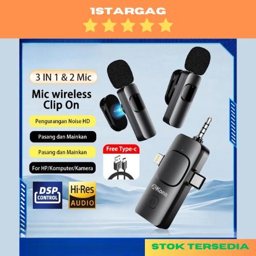 Best Seller Akona 3 In 1 Mic Wireless Clip On 2 Microphone Wireless Clip On Noise Reduction Mikrofon