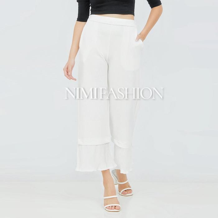 Nimi Celana Kulot Highwaist Putih Wanita Bawahan Kulot Scuba Plisket
