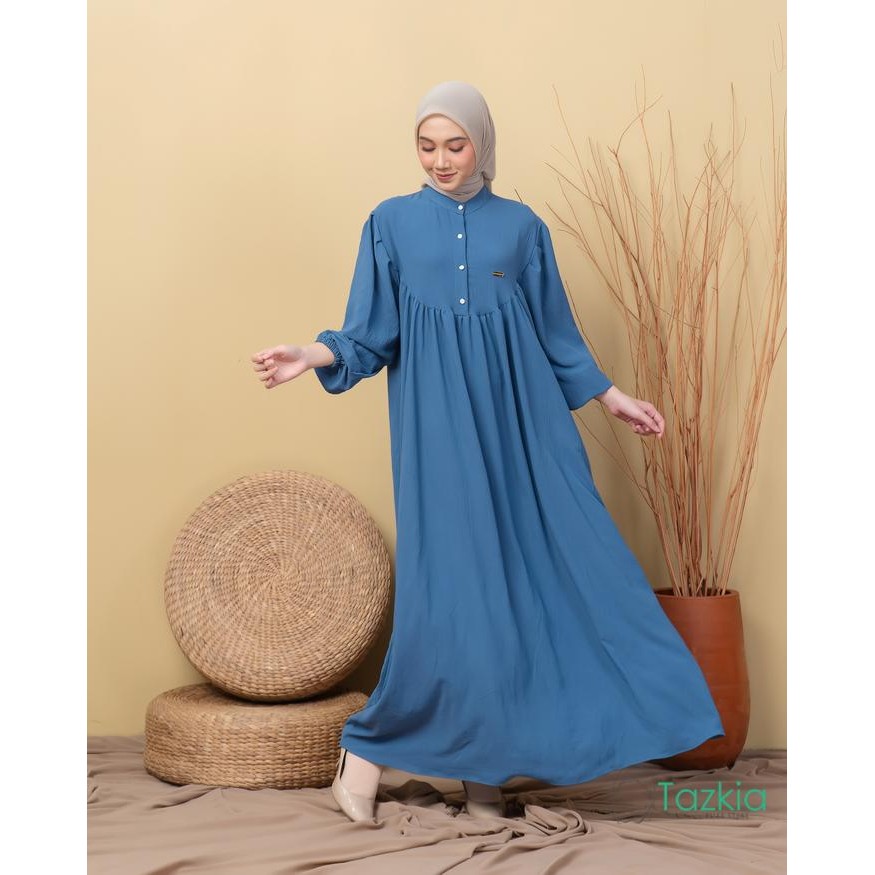 Dress Muslim Wanita Amelia Denim Gamis Polos Crinkle Tazkia Hijab