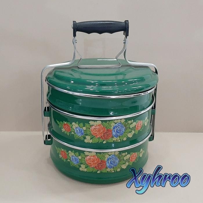 Rantang Enamel Besar isi 3 ukuran 24cm mawar hijau