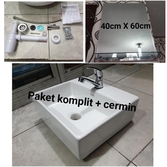 Sale Wastafel Keramik Kotak Sericite Komplit Alat + Kaca Cermin