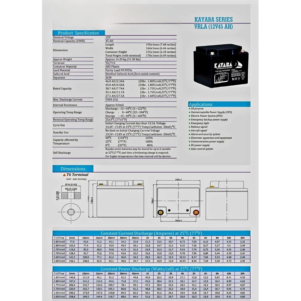 Aki (Baterai) Vrla Ups Kering (Mf Battery) Kayaba AGM 12 V 45 Ah